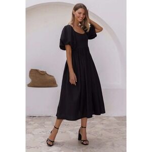 ELF Cherie Maxi Puff Sleeve Linen Dress 2XL Black Smocked Milkmaid Handmade Bali
